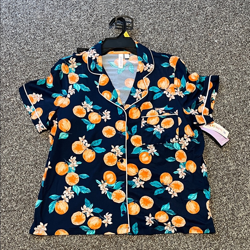 Navy Pajama Top with Orange Print